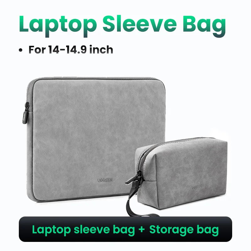 UGREEN Waterproof Laptop Bag Sleeve Case for Macbook Pro/Air 13.9 14.9 Inch HP Lenovo iPad - Gray PU Notebook Cover Carry Bag