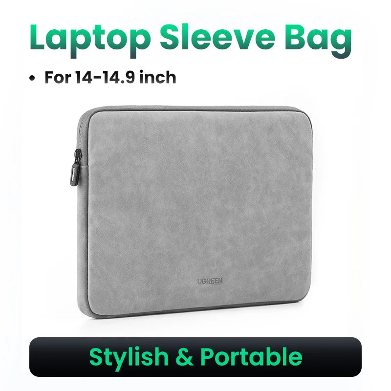 UGREEN Waterproof Laptop Bag Sleeve Case for Macbook Pro/Air 13.9 14.9 Inch HP Lenovo iPad - Gray PU Notebook Cover Carry Bag
