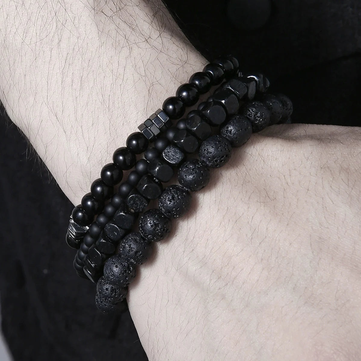 4Pcs Set Black Volcanic Stone Wood Beads Bracelets Elastic Combination for Men Couple Friends Jewelry Trendy Chain & Link