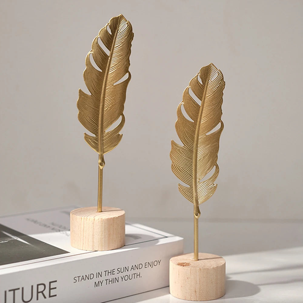 Modern Luxury Decor: Gold Metal Leaf & Feather Sculpture with Wood Base