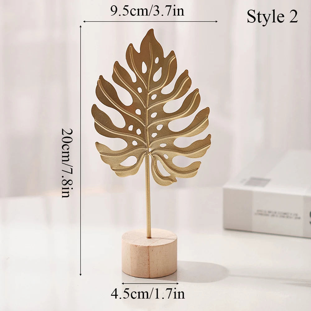 Modern Luxury Decor: Gold Metal Leaf & Feather Sculpture with Wood Base