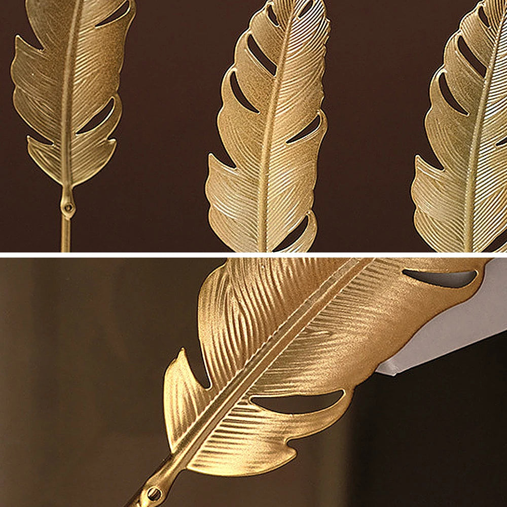 Modern Luxury Decor: Gold Metal Leaf & Feather Sculpture with Wood Base