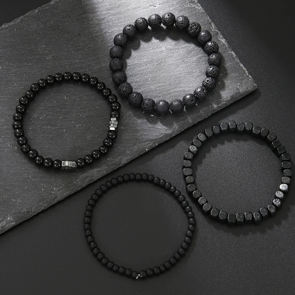 4Pcs Set Black Volcanic Stone Wood Beads Bracelets Elastic Combination for Men Couple Friends Jewelry Trendy Chain & Link