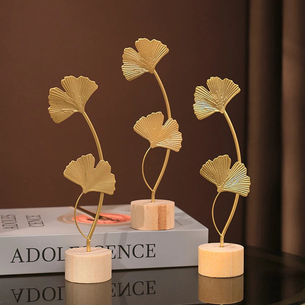 Modern Luxury Decor: Gold Metal Leaf & Feather Sculpture with Wood Base