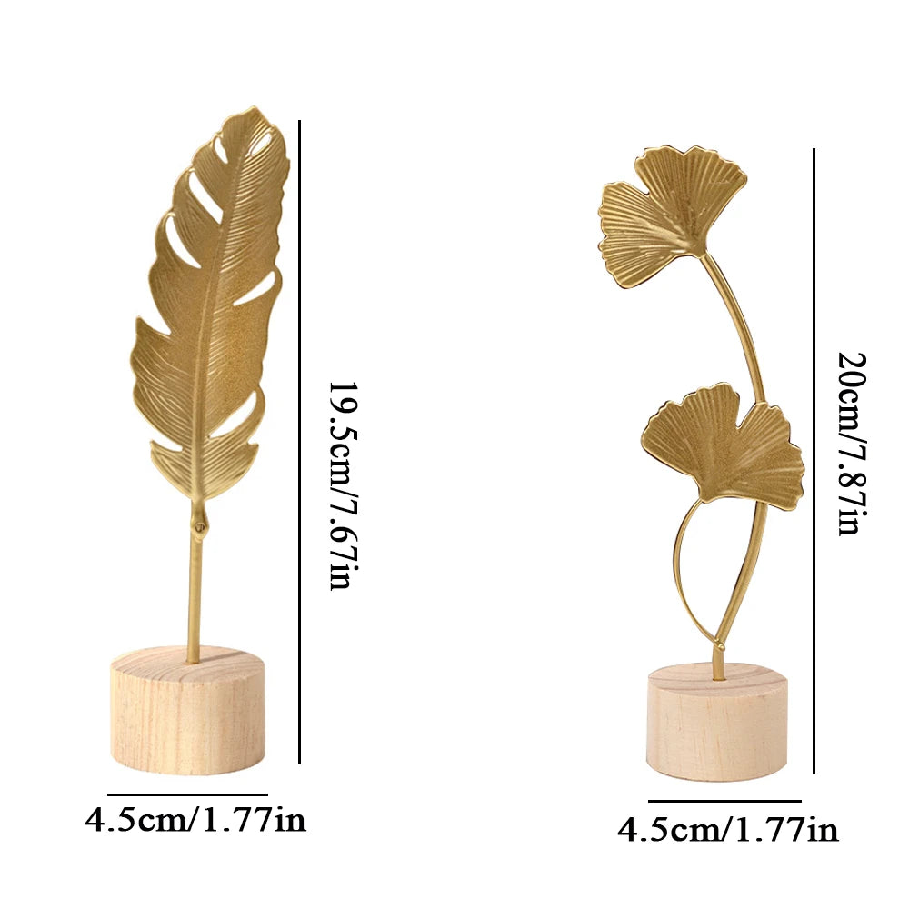 Modern Luxury Decor: Gold Metal Leaf & Feather Sculpture with Wood Base