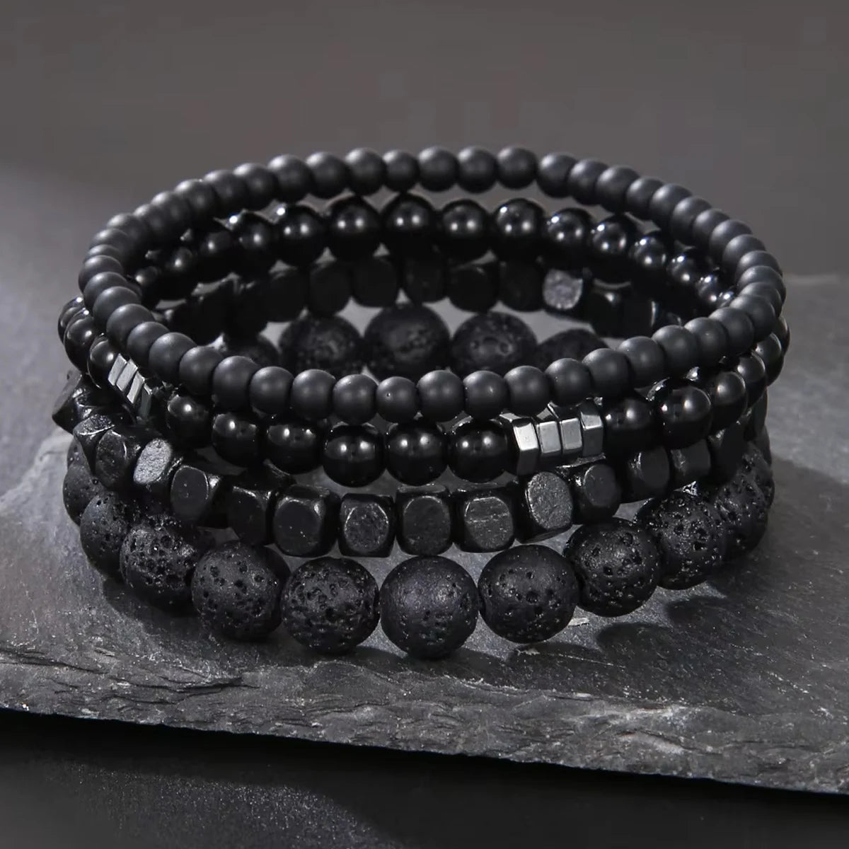4Pcs Set Black Volcanic Stone Wood Beads Bracelets Elastic Combination for Men Couple Friends Jewelry Trendy Chain & Link