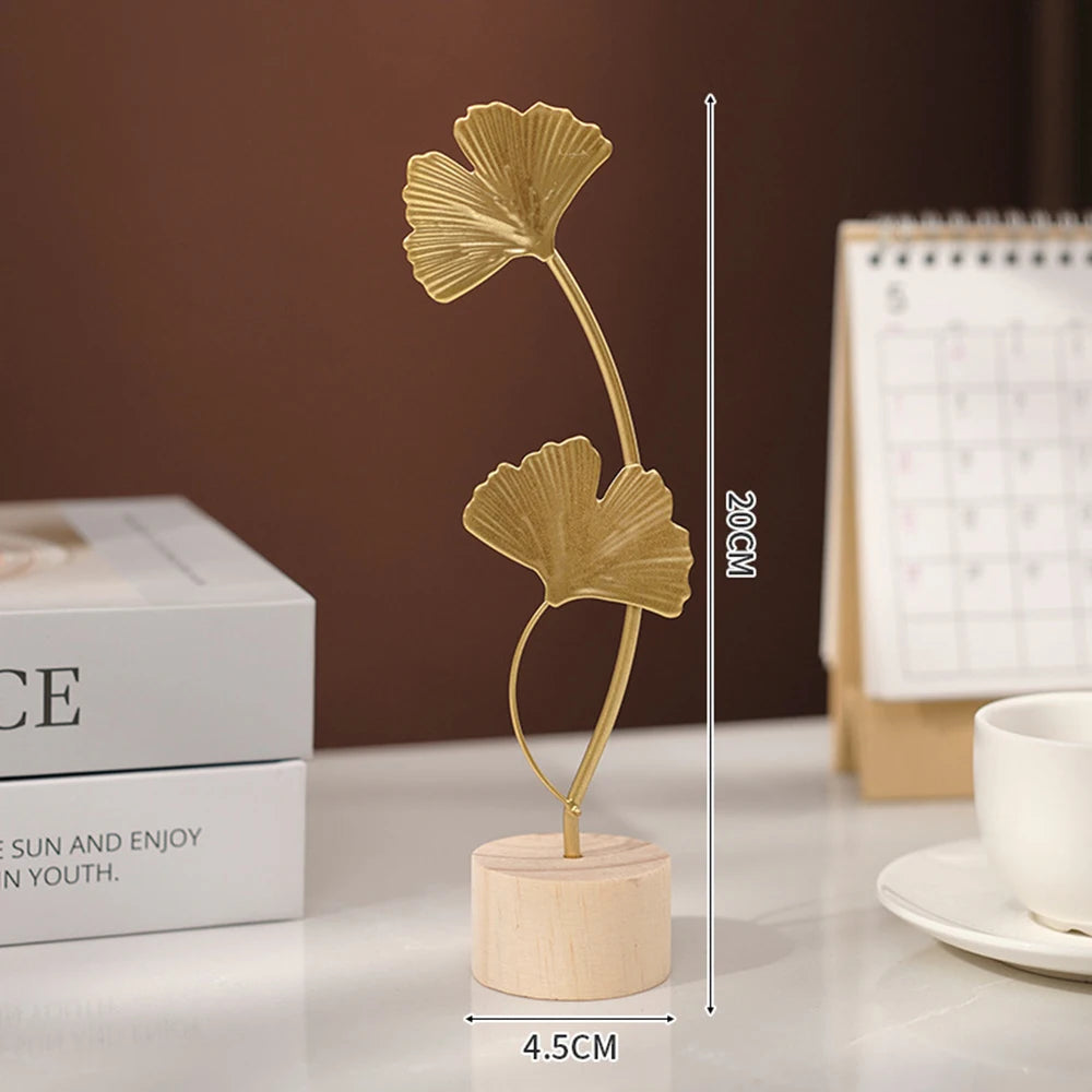 Modern Luxury Decor: Gold Metal Leaf & Feather Sculpture with Wood Base