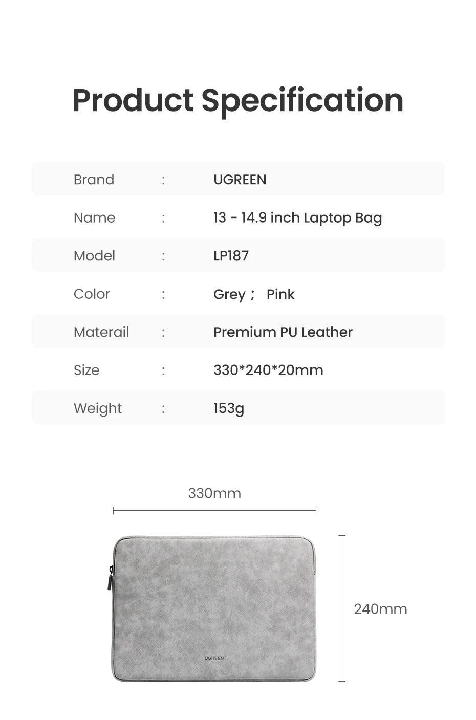 UGREEN Waterproof Laptop Bag Sleeve Case for Macbook Pro/Air 13.9 14.9 Inch HP Lenovo iPad - Gray PU Notebook Cover Carry Bag