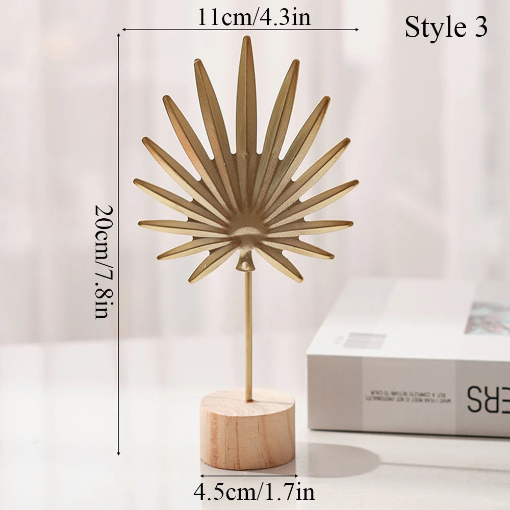Modern Luxury Decor: Gold Metal Leaf & Feather Sculpture with Wood Base