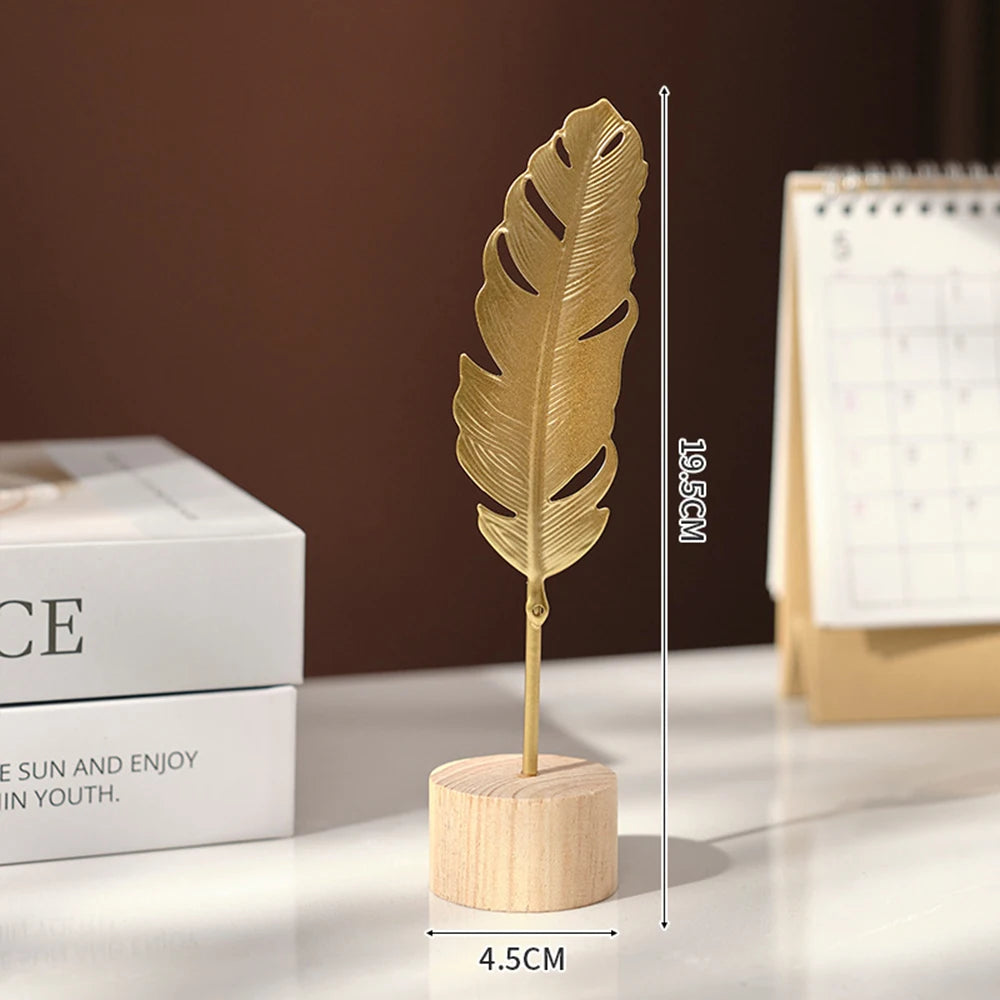 Modern Luxury Decor: Gold Metal Leaf & Feather Sculpture with Wood Base