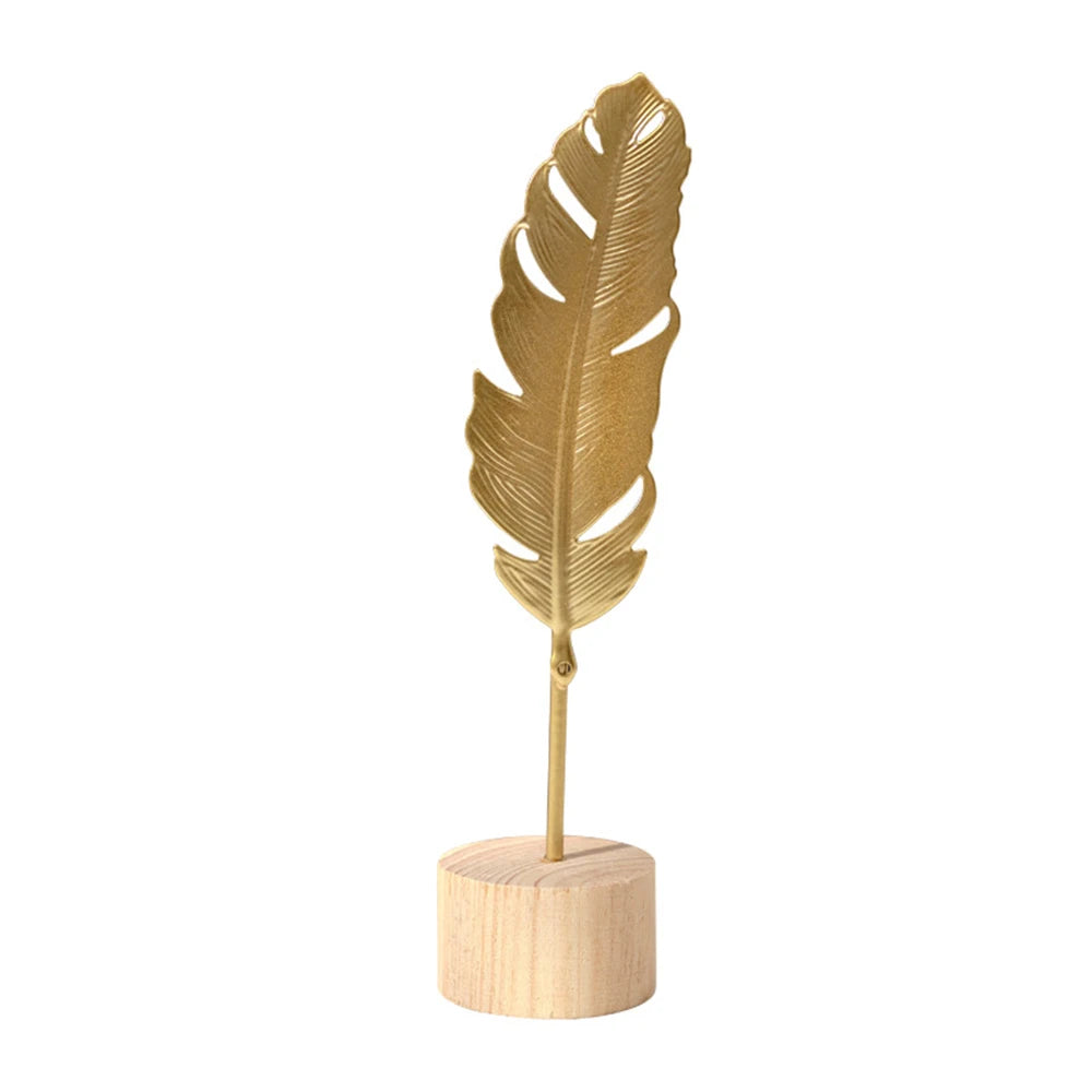 Modern Luxury Decor: Gold Metal Leaf & Feather Sculpture with Wood Base