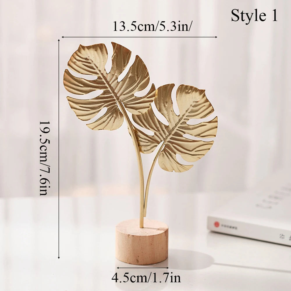 Modern Luxury Decor: Gold Metal Leaf & Feather Sculpture with Wood Base