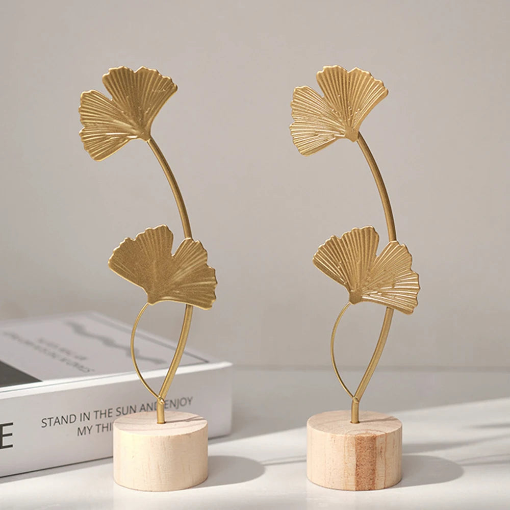 Modern Luxury Decor: Gold Metal Leaf & Feather Sculpture with Wood Base