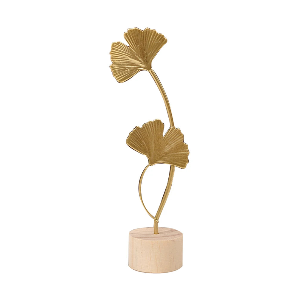 Modern Luxury Decor: Gold Metal Leaf & Feather Sculpture with Wood Base