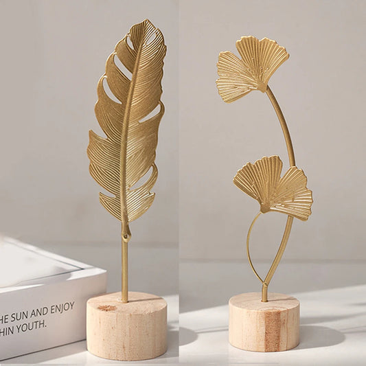 Modern Luxury Decor: Gold Metal Leaf &amp; Feather Sculpture with Wood Base