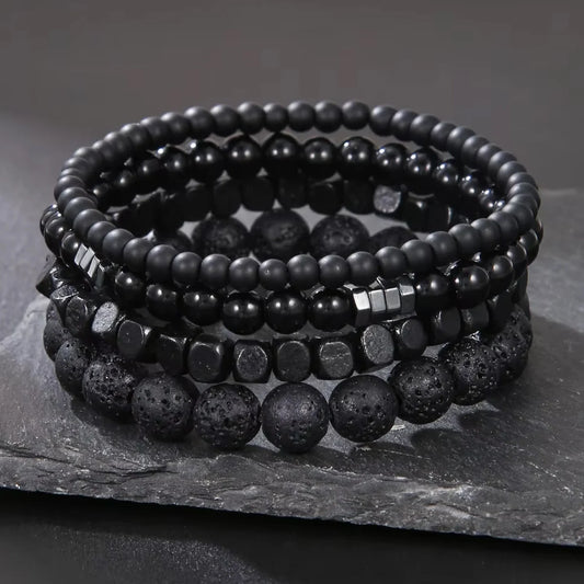 4Pcs Set Black Volcanic Stone Wood Beads Bracelets Elastic Combination for Men Couple Friends Jewelry Trendy Chain & Link