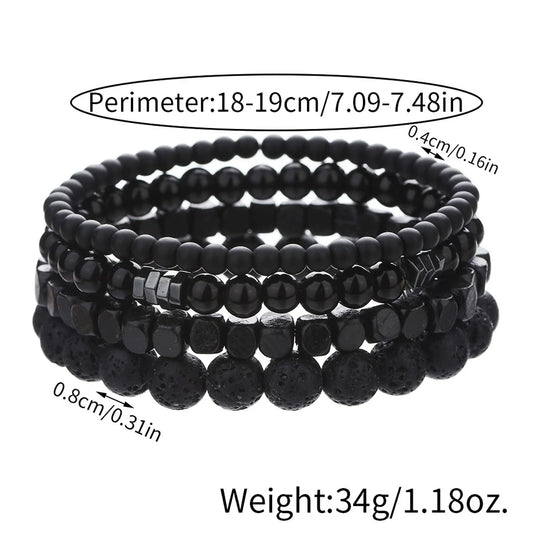 4Pcs Set Black Volcanic Stone Wood Beads Bracelets Elastic Combination for Men Couple Friends Jewelry Trendy Chain & Link